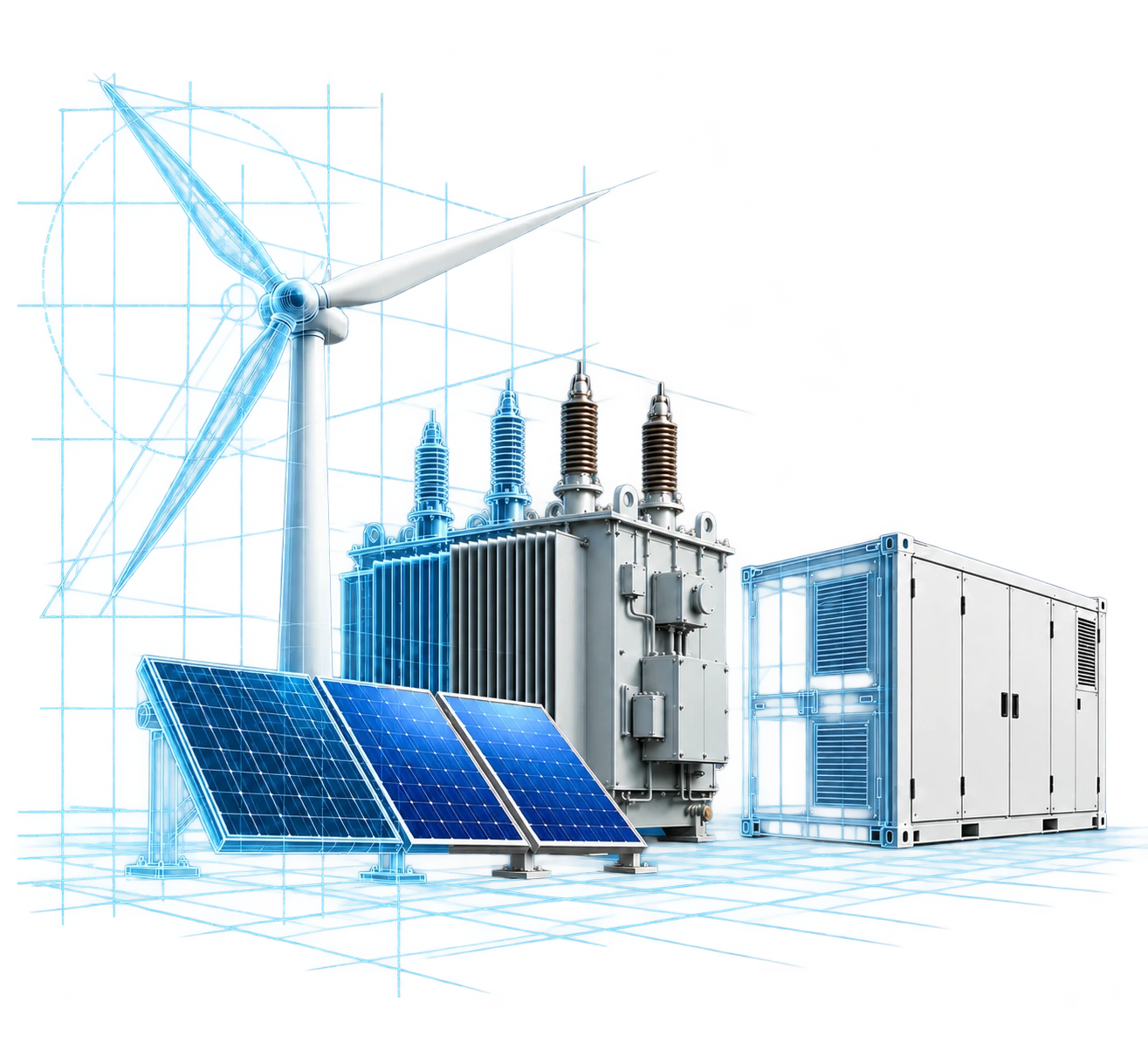 Energy infrastructure taking shape: a wind turbine, solar panels, transformer and battery storage transitioning from blueprint outlines to realistic equipment.